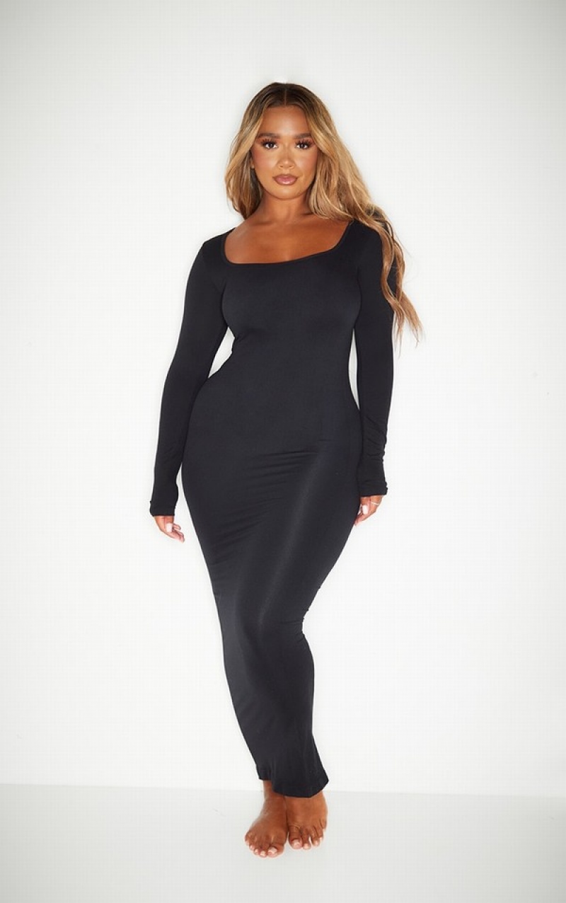 Black Pretty Little Thing Shape Stretch Seamless Long Sleeve Maxi Dresses | CLABUSW-70