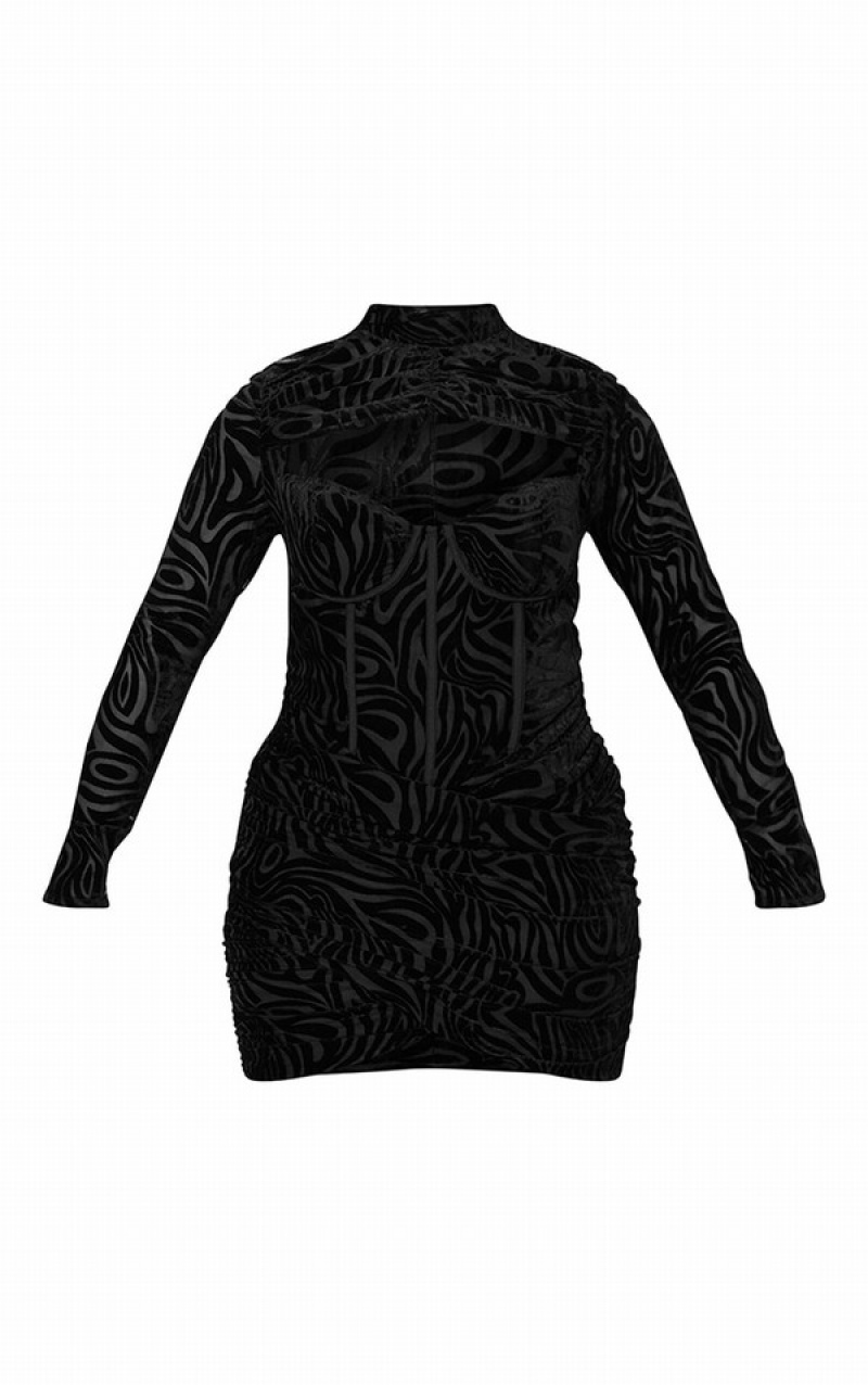 Black Pretty Little Thing Shape TextuVelvet Corset Detail High Neck Bodycon Dresses | WVRQSBJ-83