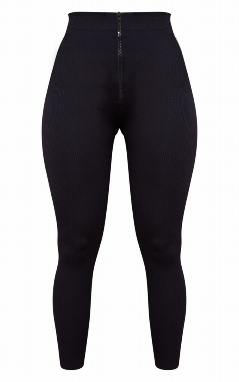 Black Pretty Little Thing Shape Zip Front Contour Leggings | RAPDZES-40