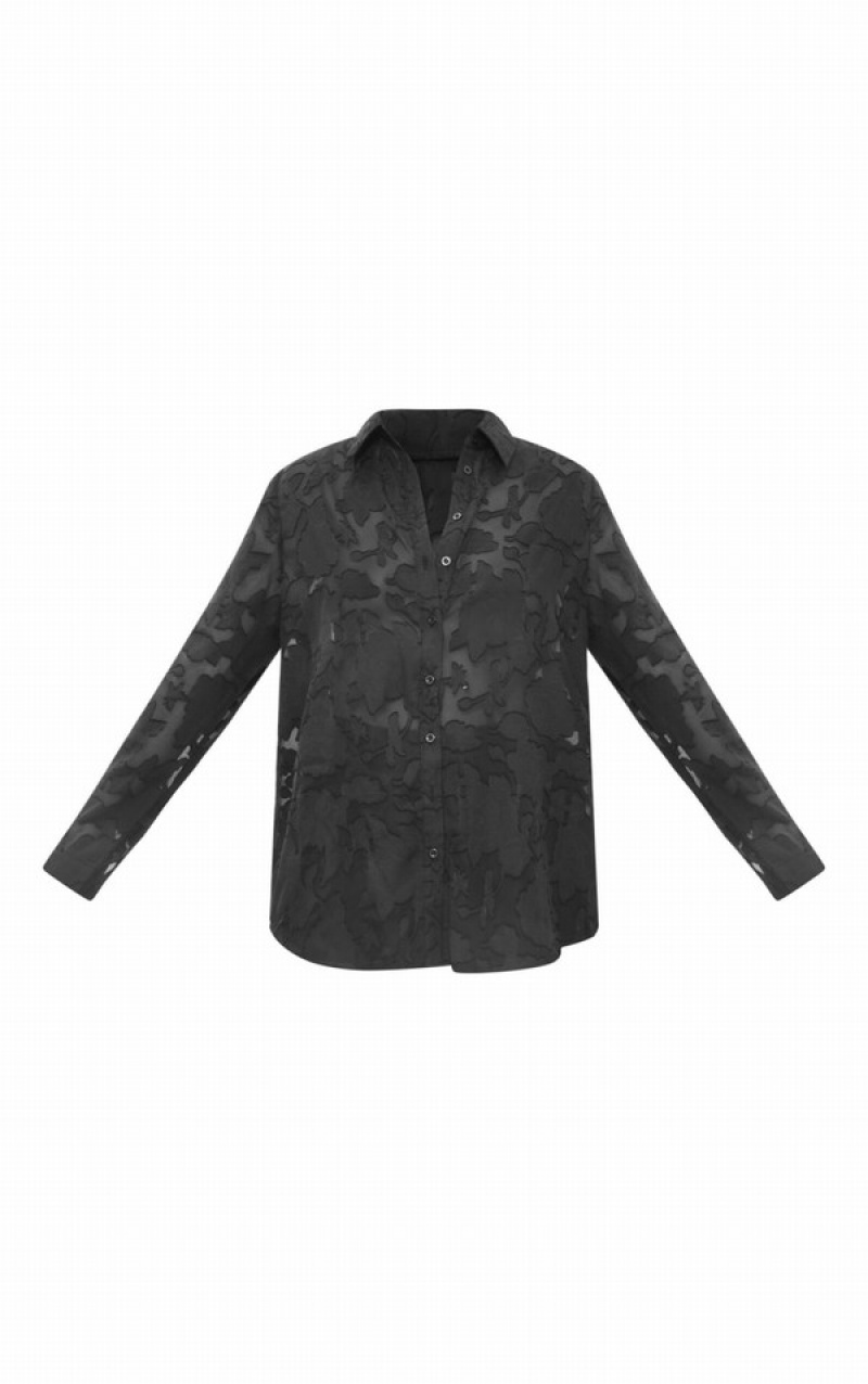 Black Pretty Little Thing Sheer Floral TextuLong Sleeve Oversized Shirts | GLCYVWT-12