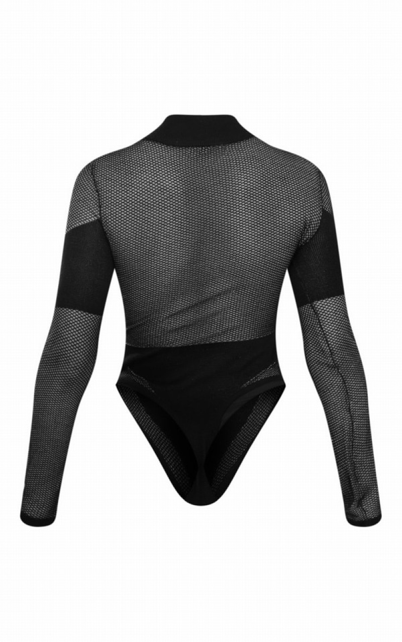 Black Pretty Little Thing Sheer Knit Contrast Panel Bodysuits | ZCANORS-48