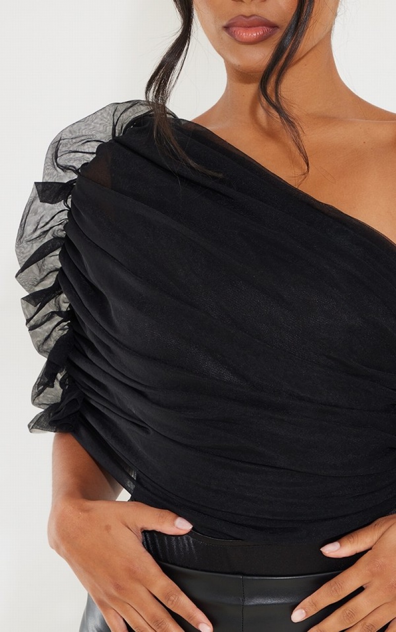 Black Pretty Little Thing Sheer Ruffle One Shoulder Bodysuits | XFIAGWH-74