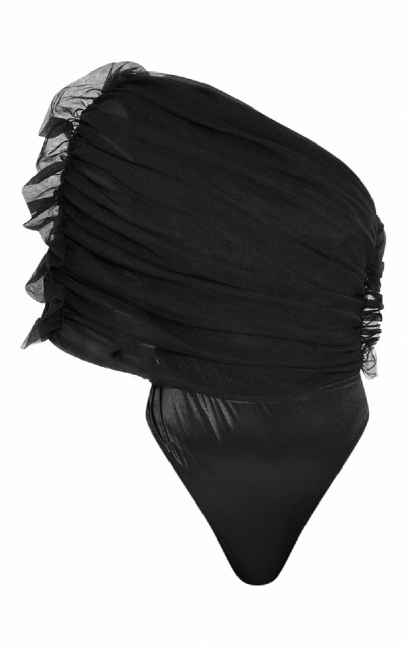 Black Pretty Little Thing Sheer Ruffle One Shoulder Bodysuits | XFIAGWH-74