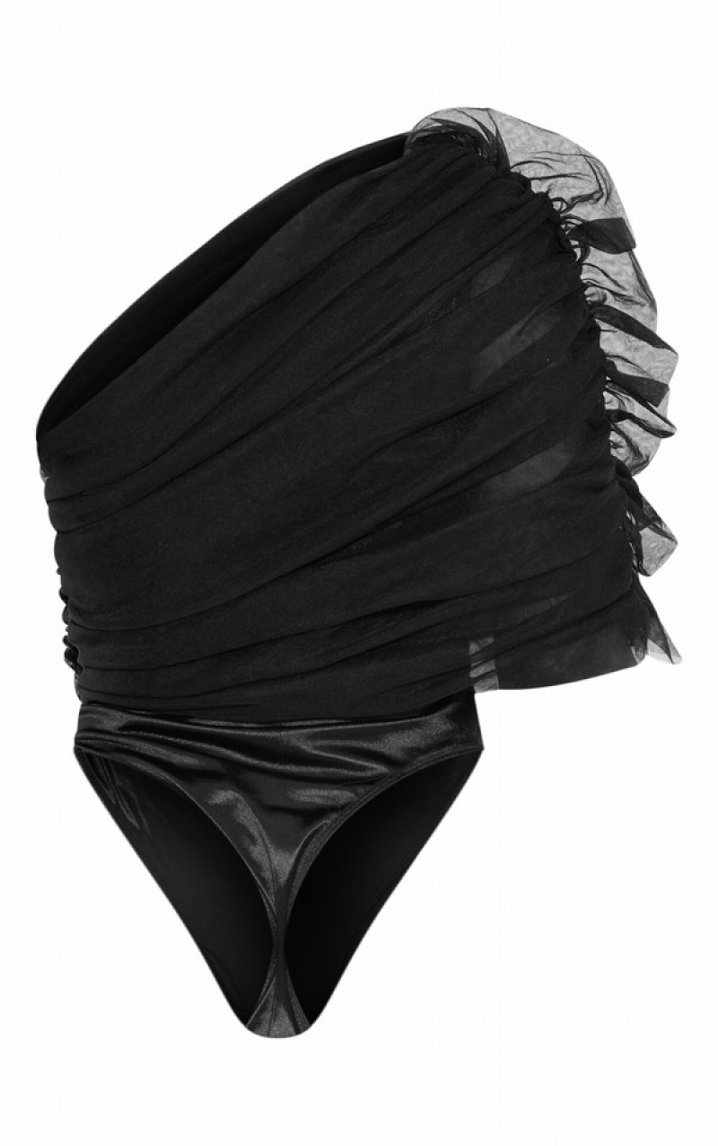 Black Pretty Little Thing Sheer Ruffle One Shoulder Bodysuits | XFIAGWH-74