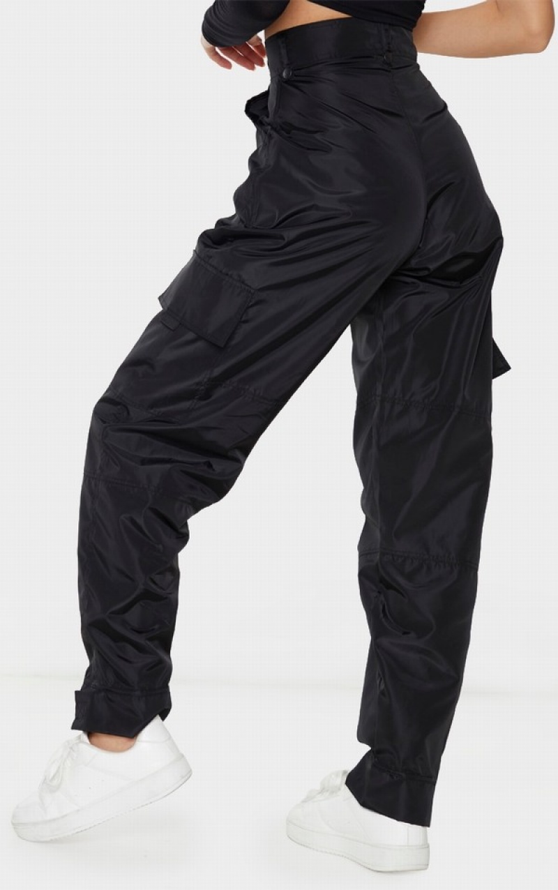 Black Pretty Little Thing Shell Straight Cargo Pocket Sweatpants | JSFGQVO-23