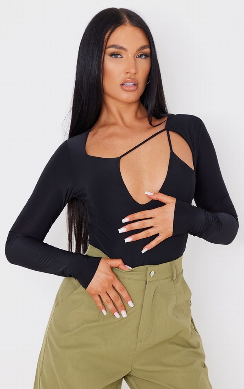 Black Pretty Little Thing Slinky Strappy Cut Out Long Sleeve Bodysuits | GUQDNKA-98