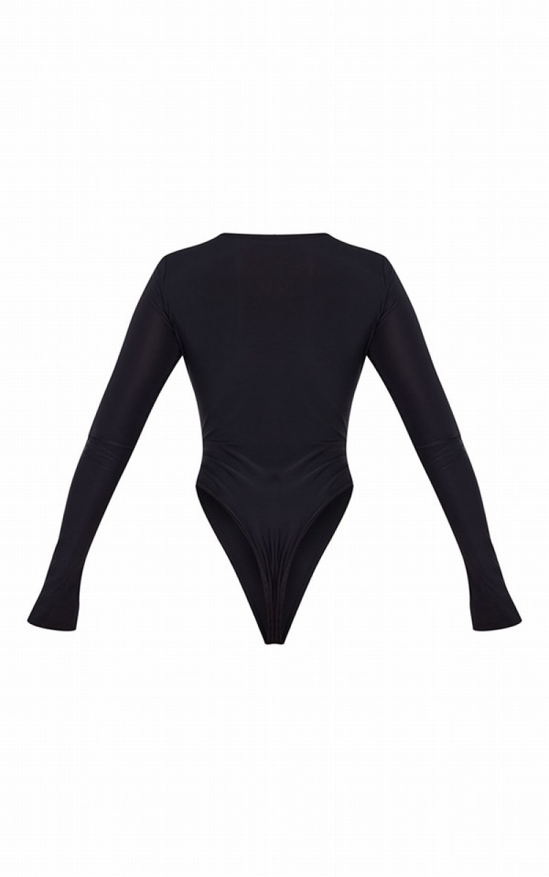 Black Pretty Little Thing Slinky Strappy Cut Out Long Sleeve Bodysuits | GUQDNKA-98