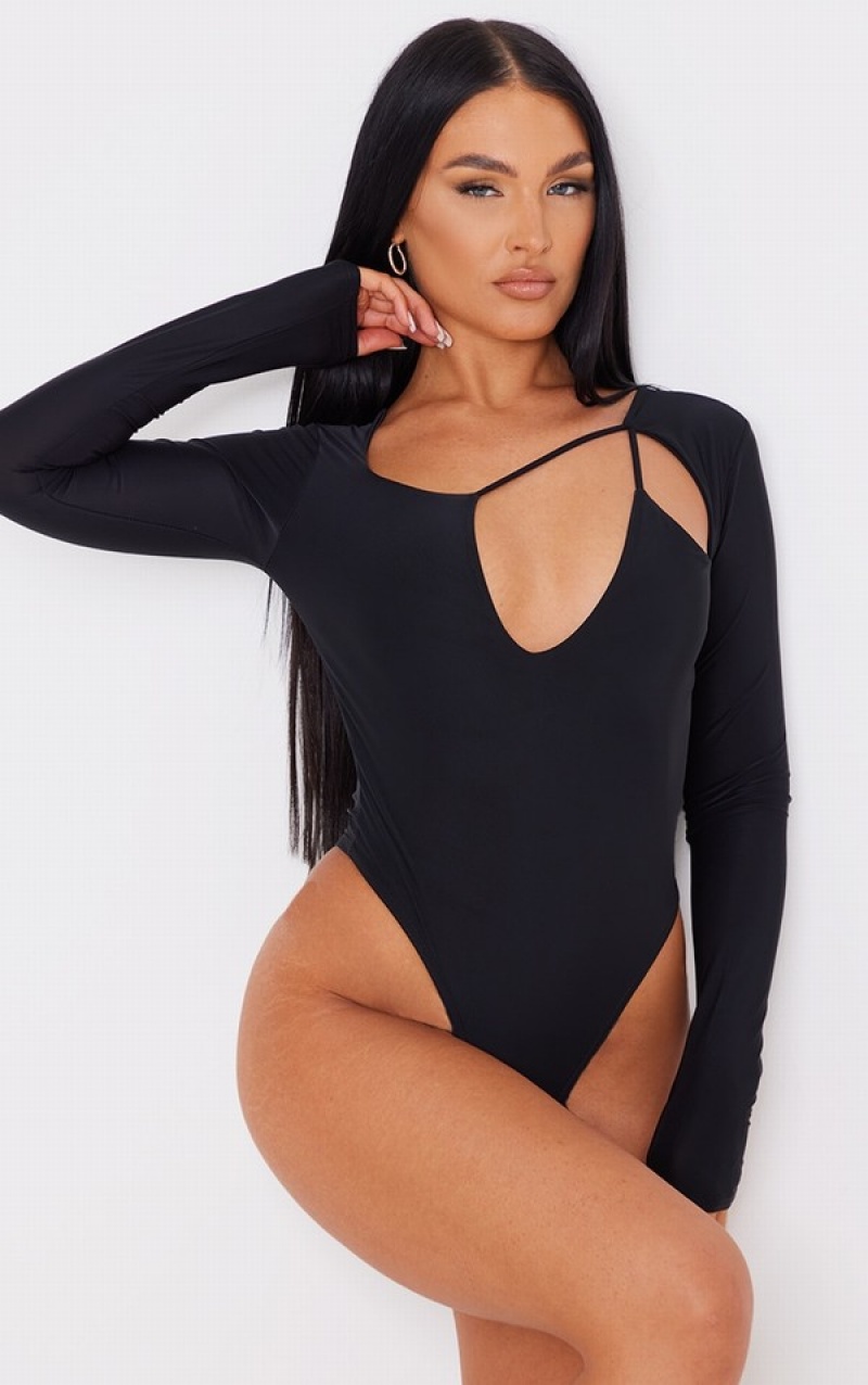 Black Pretty Little Thing Slinky Strappy Cut Out Long Sleeve Bodysuits | GUQDNKA-98