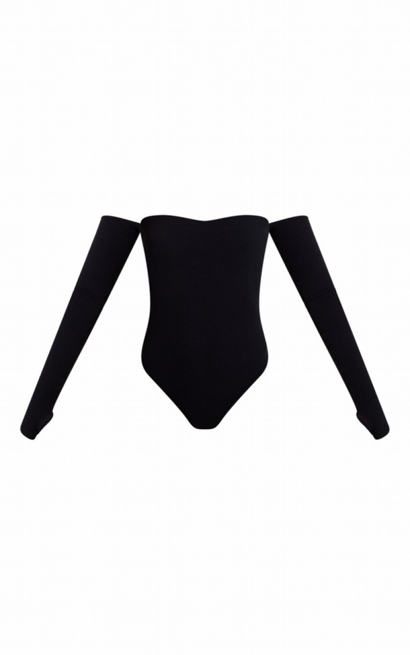 Black Pretty Little Thing Snatched Rib Bardot Thumbhole Bodysuits | NLTJFHD-42