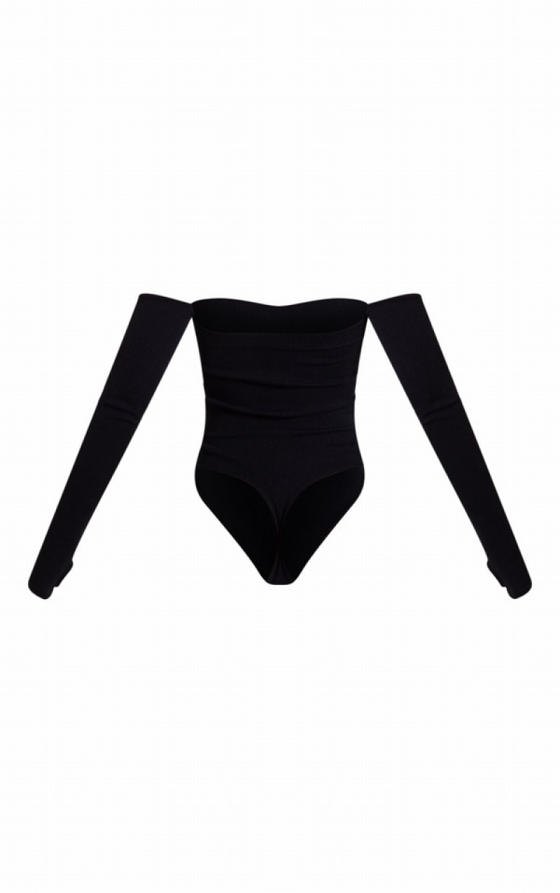 Black Pretty Little Thing Snatched Rib Bardot Thumbhole Bodysuits | NLTJFHD-42