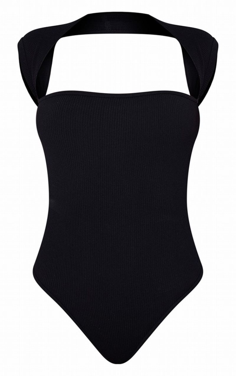 Black Pretty Little Thing Snatched Rib Cut Out Sleeve Bodysuits | SMOHNRL-86