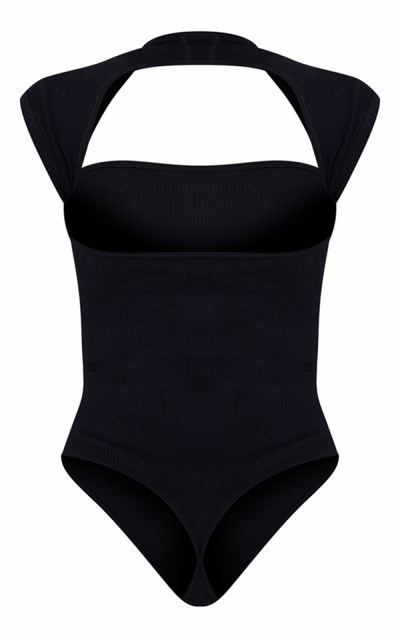 Black Pretty Little Thing Snatched Rib Cut Out Sleeve Bodysuits | SMOHNRL-86