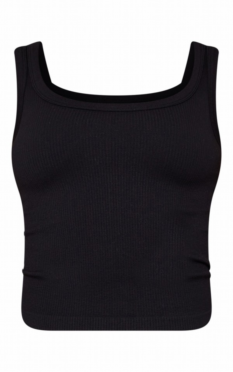 Black Pretty Little Thing Snatched Rib Scoop Tanks | KFZIOGP-73