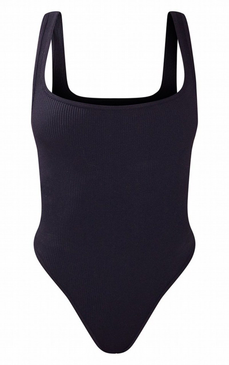 Black Pretty Little Thing Snatched Rib Square Neck Sleeveless Bodysuits | PURHGIE-63