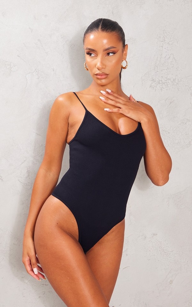 Black Pretty Little Thing Snatched Rib Strappy Bodysuits | HKEMFYC-31