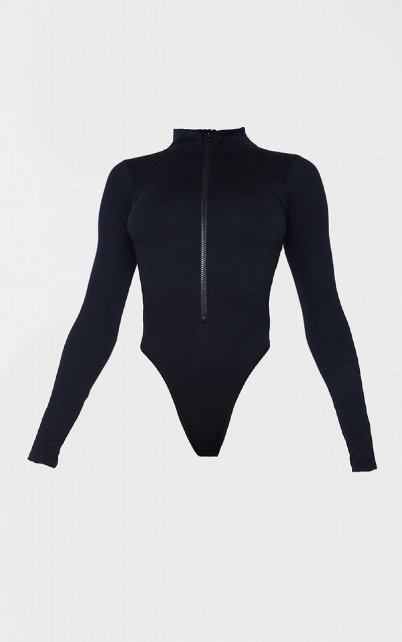 Black Pretty Little Thing Snatched Rib Zip Up Long Sleeve Bodysuits | AWBMUCG-98