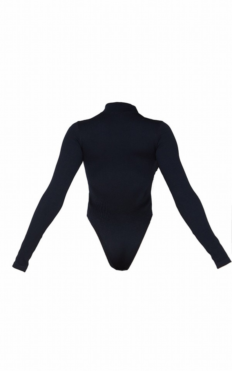 Black Pretty Little Thing Snatched Rib Zip Up Long Sleeve Bodysuits | AWBMUCG-98