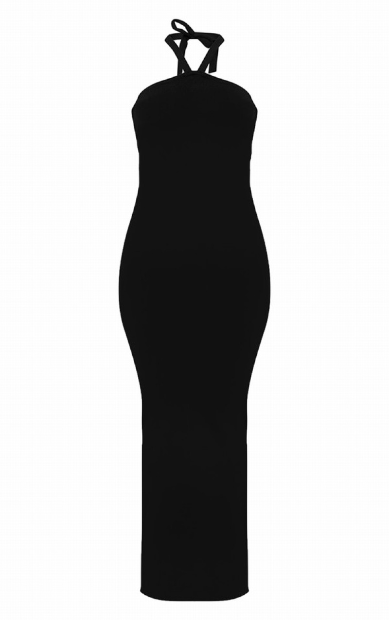 Black Pretty Little Thing Soft Knit Halter Tie Maxi Dresses | WZJCKYN-63