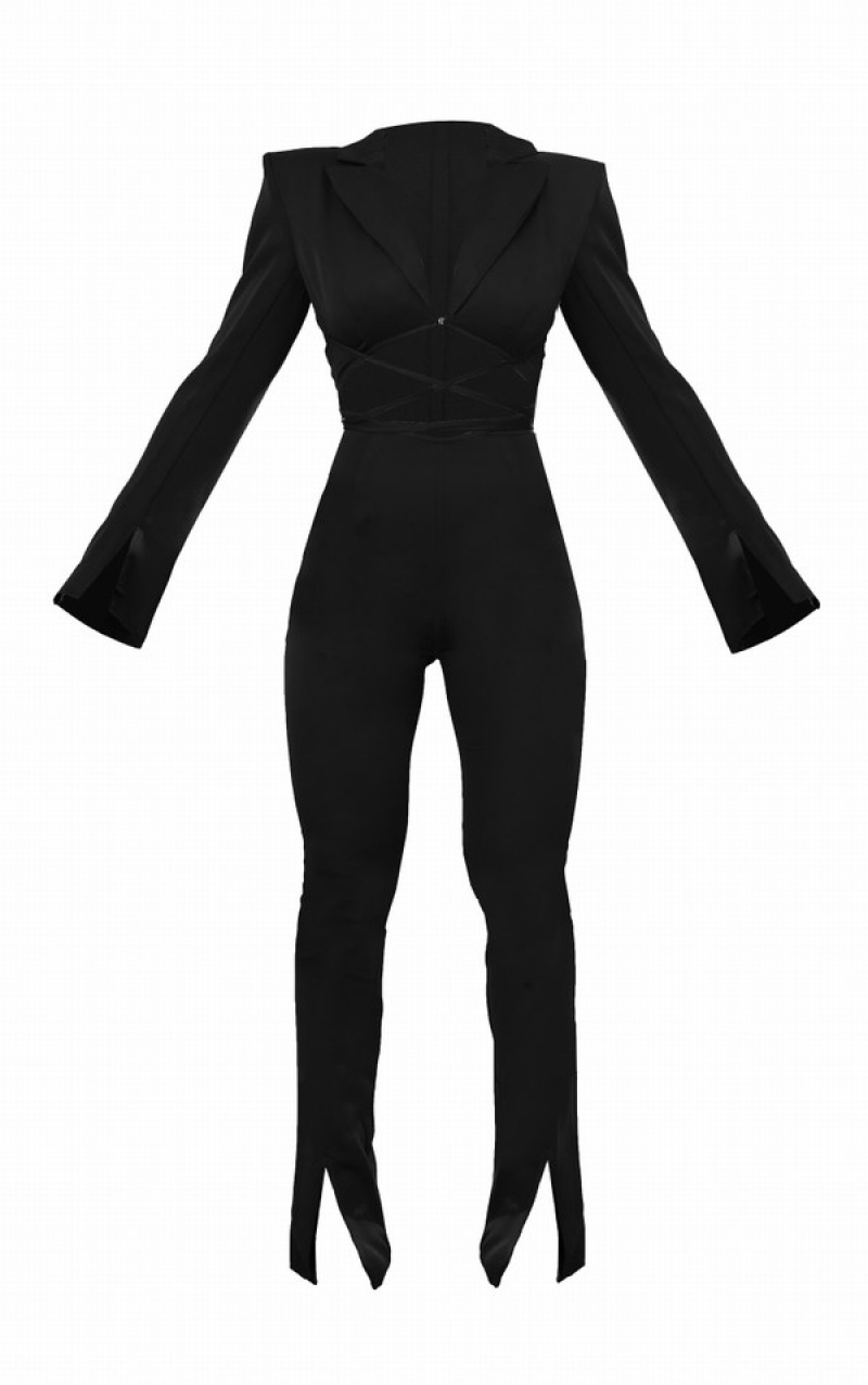 Black Pretty Little Thing Split Hem Tie Waist Cut Out Jumpsuits | WBPFQUI-23