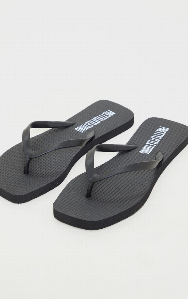 Black Pretty Little Thing Square Toe Flip Flops | EQABFML-39