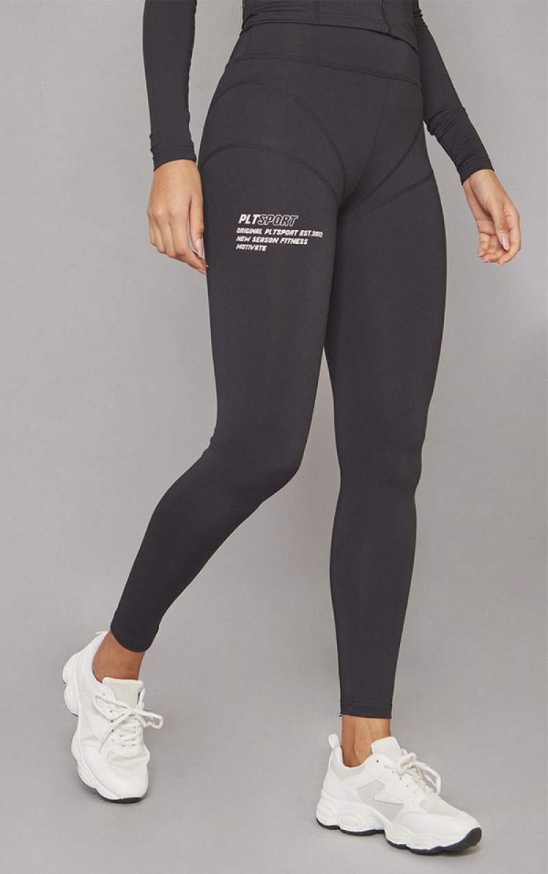 Black Pretty Little Thing Stitch Detail Gym Leggings | DQKORBM-43