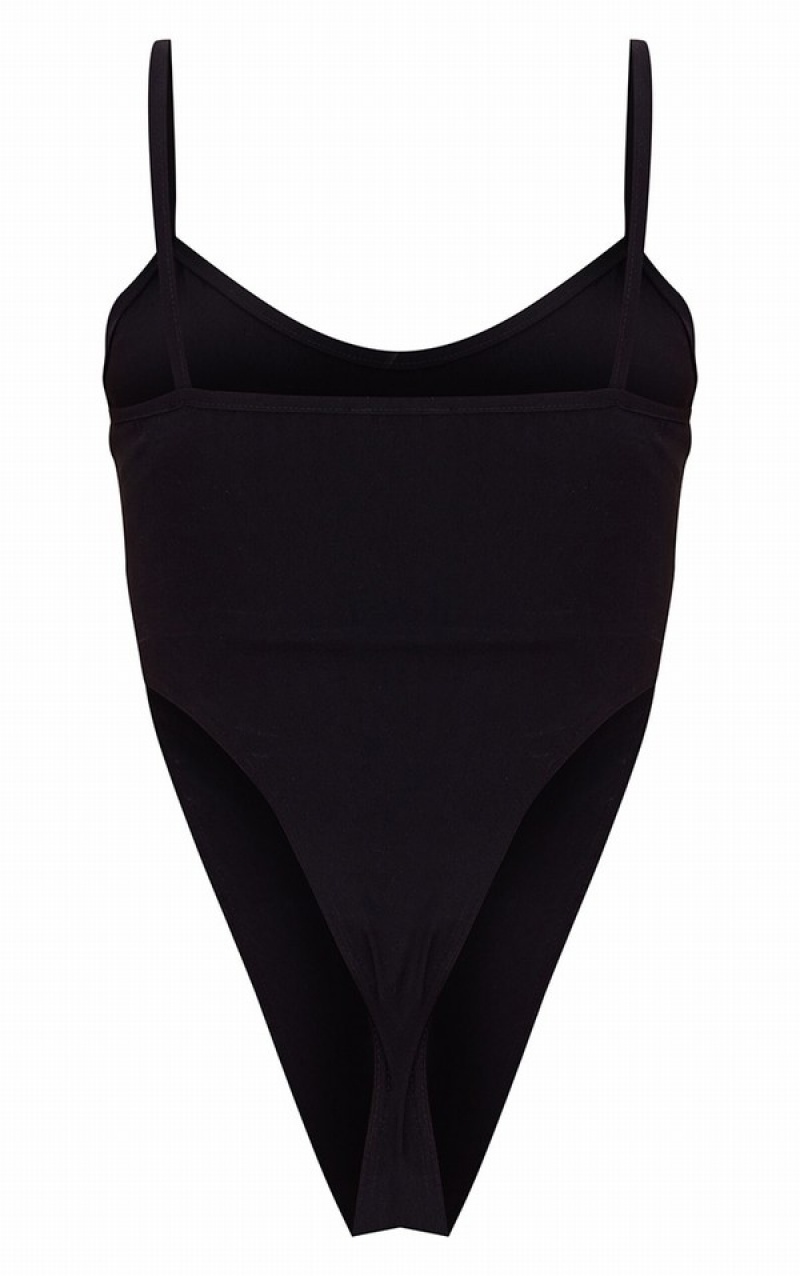 Black Pretty Little Thing Stretch Woven High Leg Strappy Bodysuits | DYSOHRL-37