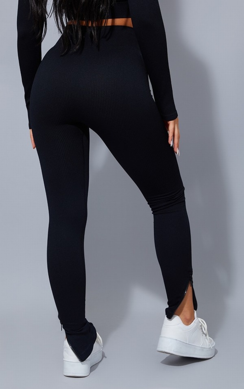 Black Pretty Little Thing StructuSnatched Rib Zip Split Hem Leggings | CVWXAFY-75