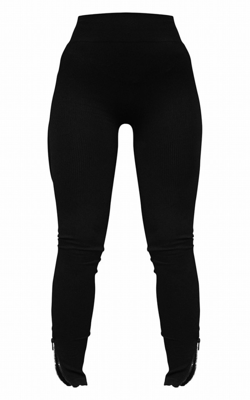 Black Pretty Little Thing StructuSnatched Rib Zip Split Hem Leggings | CVWXAFY-75