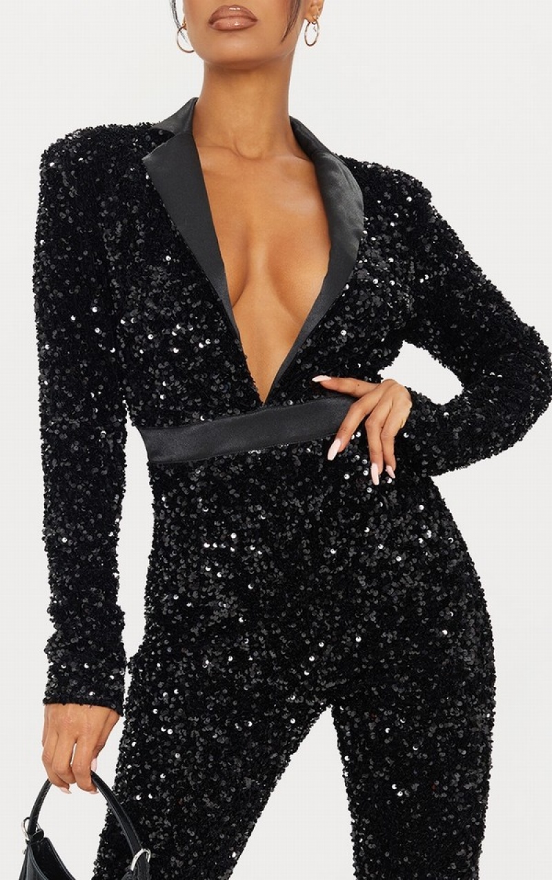 Black Pretty Little Thing TailoPlunge Front Sequin Jumpsuits | QKEXWIS-23