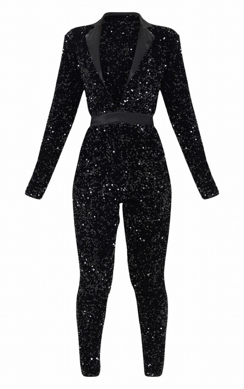 Black Pretty Little Thing TailoPlunge Front Sequin Jumpsuits | QKEXWIS-23