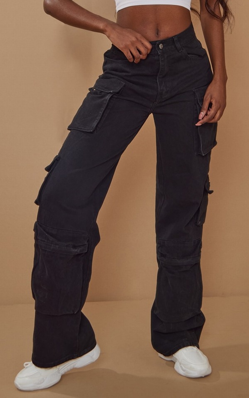 Black Pretty Little Thing Tall Cargo Pocket Detail Wide Leg Jeans | WQHIYEC-06