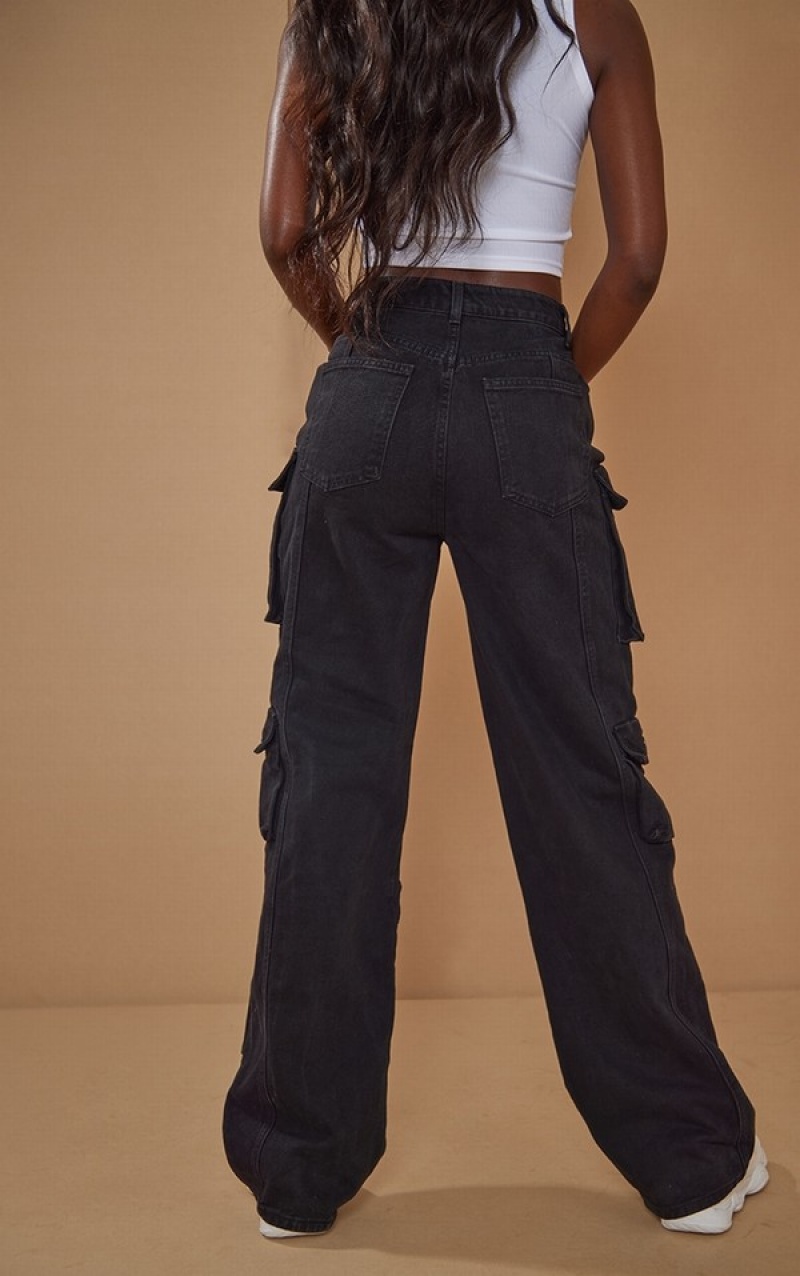 Black Pretty Little Thing Tall Cargo Pocket Detail Wide Leg Jeans | WQHIYEC-06