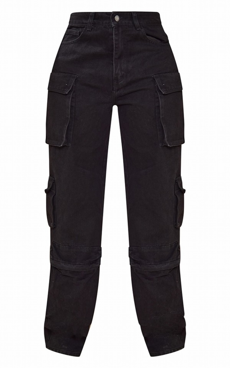 Black Pretty Little Thing Tall Cargo Pocket Detail Wide Leg Jeans | WQHIYEC-06