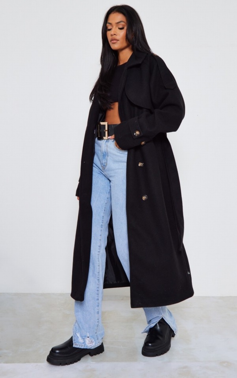 Black Pretty Little Thing Tall Oversized Double Breasted Military Trim Coats | FPTWLVA-60