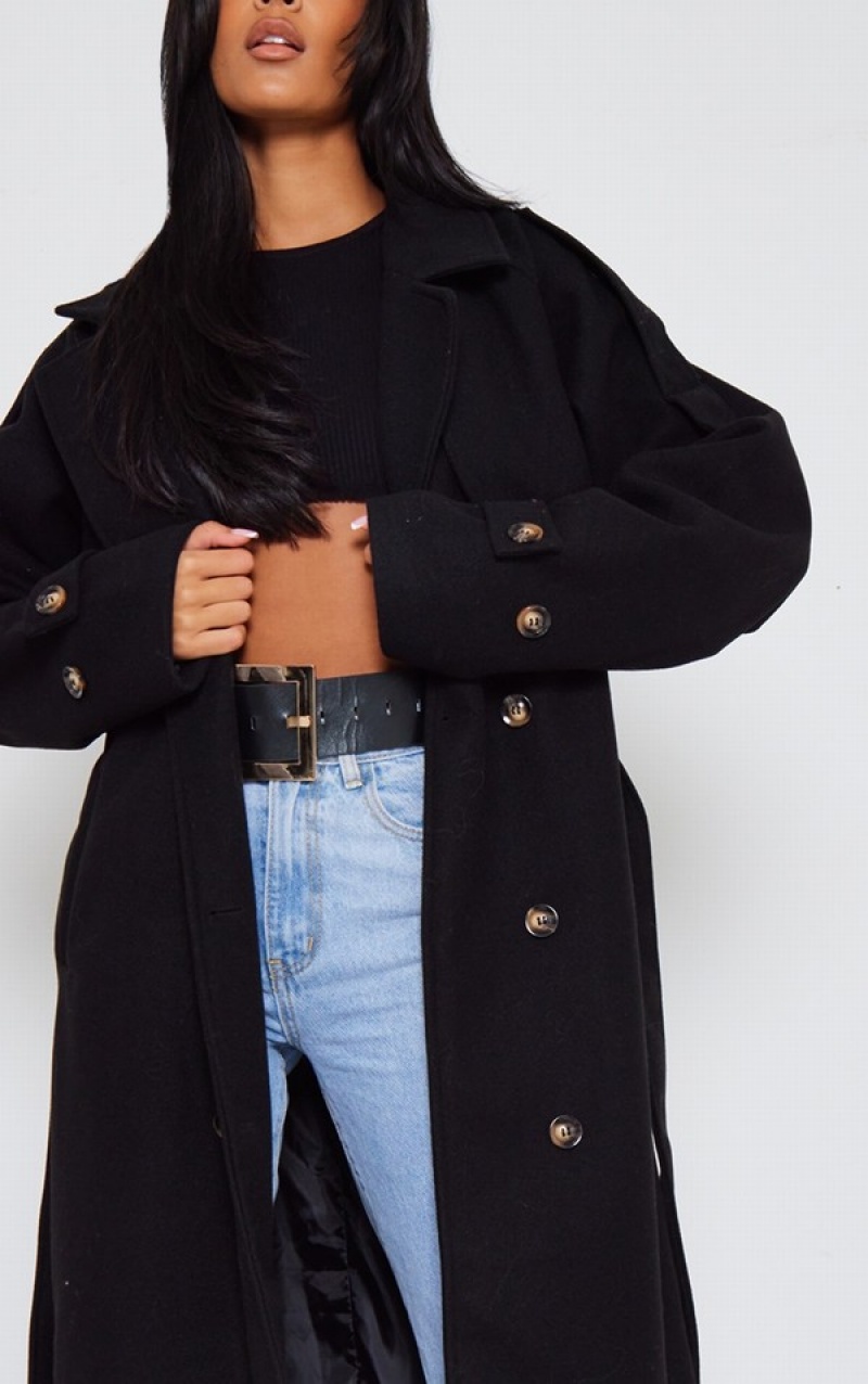 Black Pretty Little Thing Tall Oversized Double Breasted Military Trim Coats | FPTWLVA-60