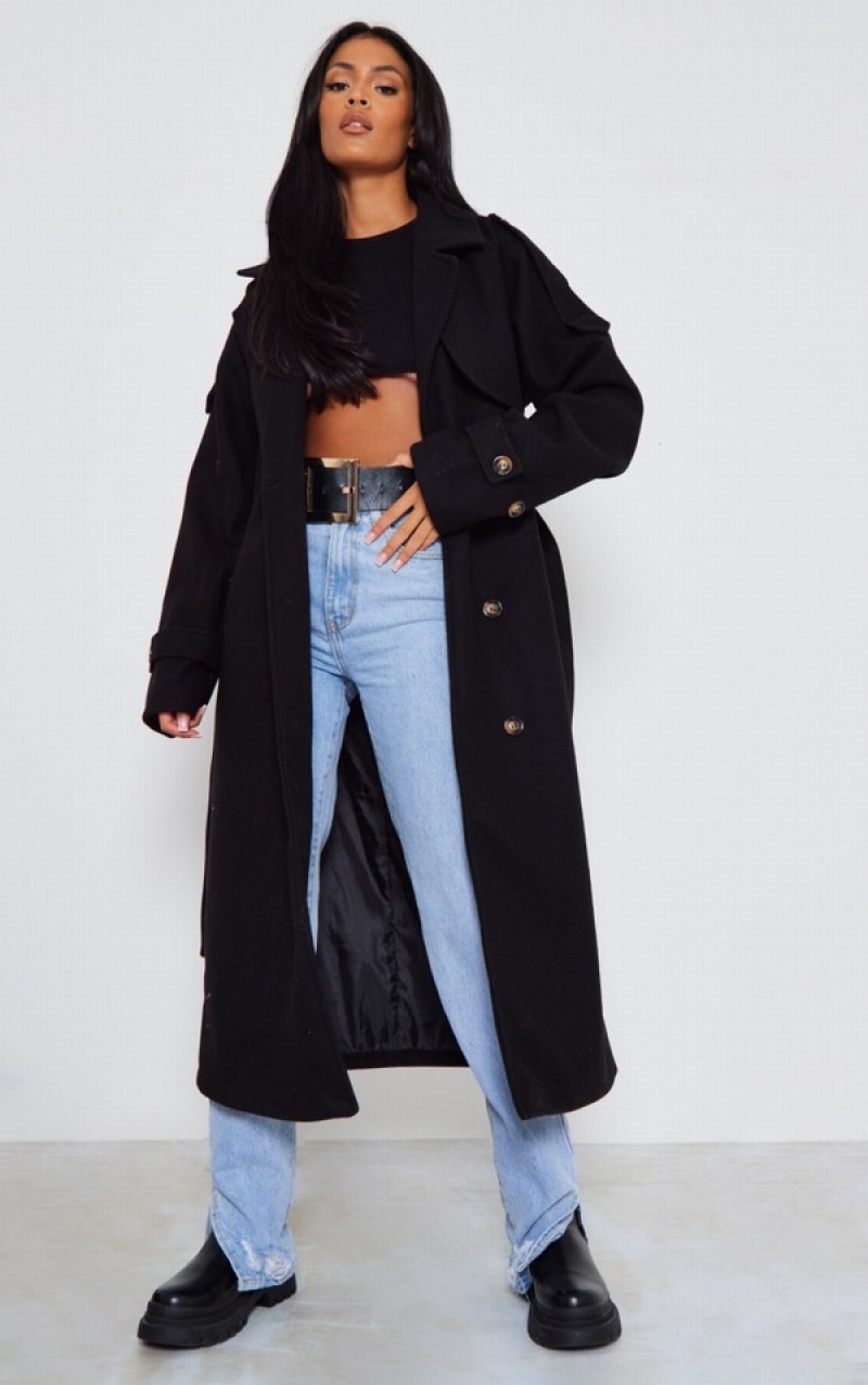 Black Pretty Little Thing Tall Oversized Double Breasted Military Trim Coats | FPTWLVA-60