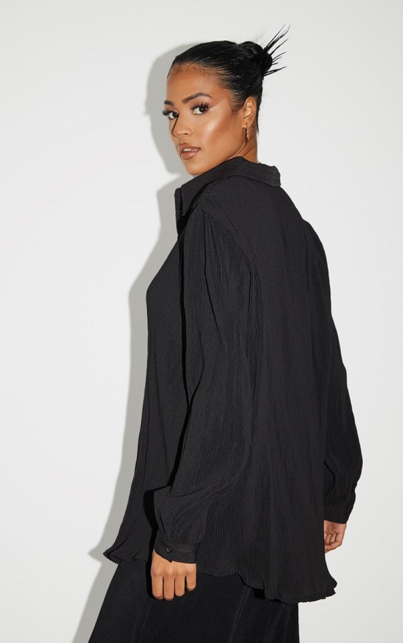 Black Pretty Little Thing Tall Plisse Oversized Cuff Detail Shirts | GKVLMJC-51