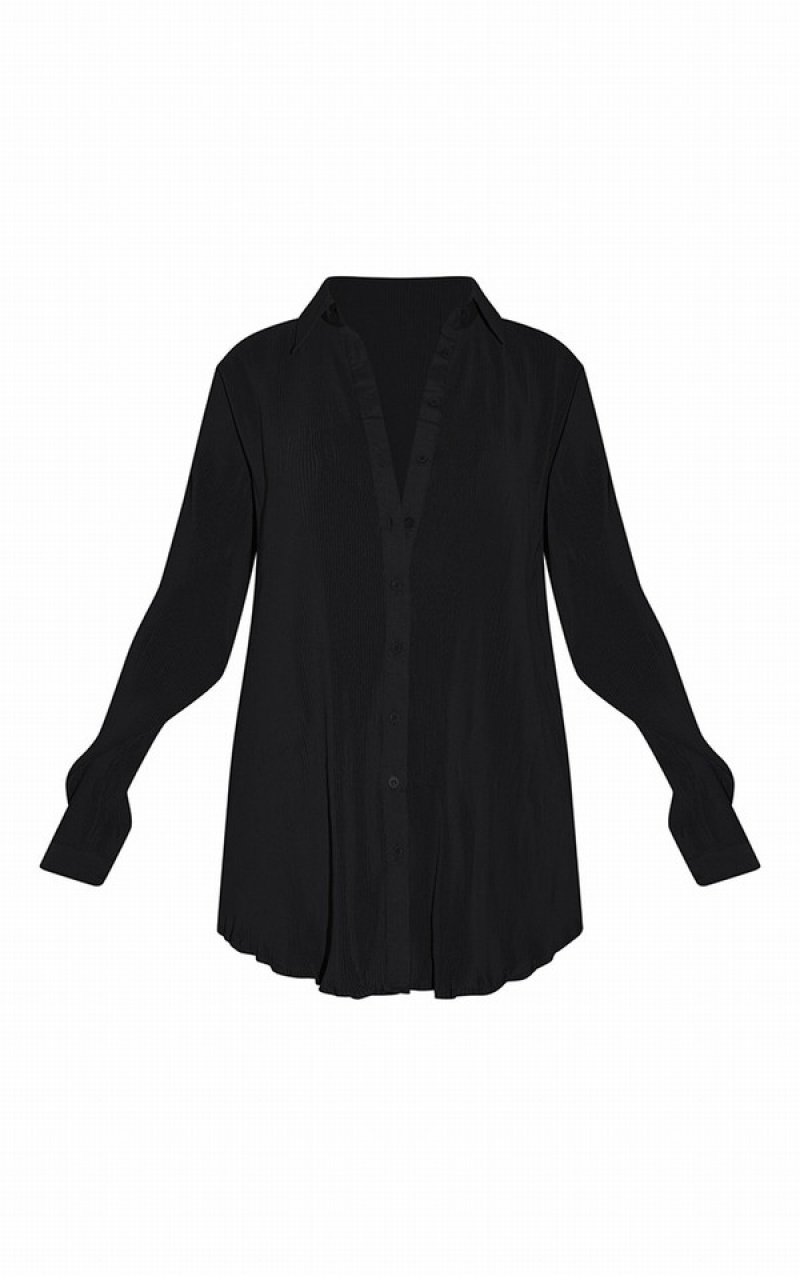 Black Pretty Little Thing Tall Plisse Oversized Cuff Detail Shirts | GKVLMJC-51