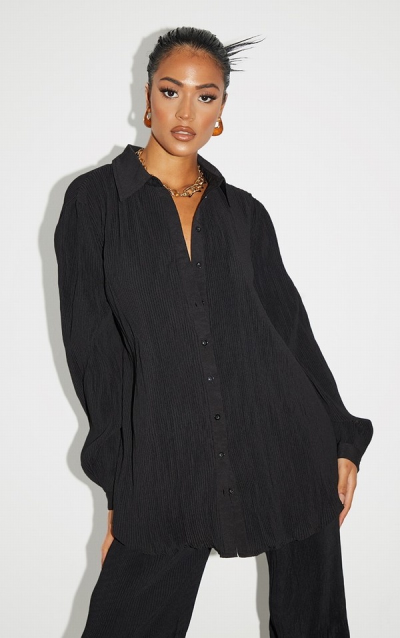 Black Pretty Little Thing Tall Plisse Oversized Cuff Detail Shirts | GKVLMJC-51