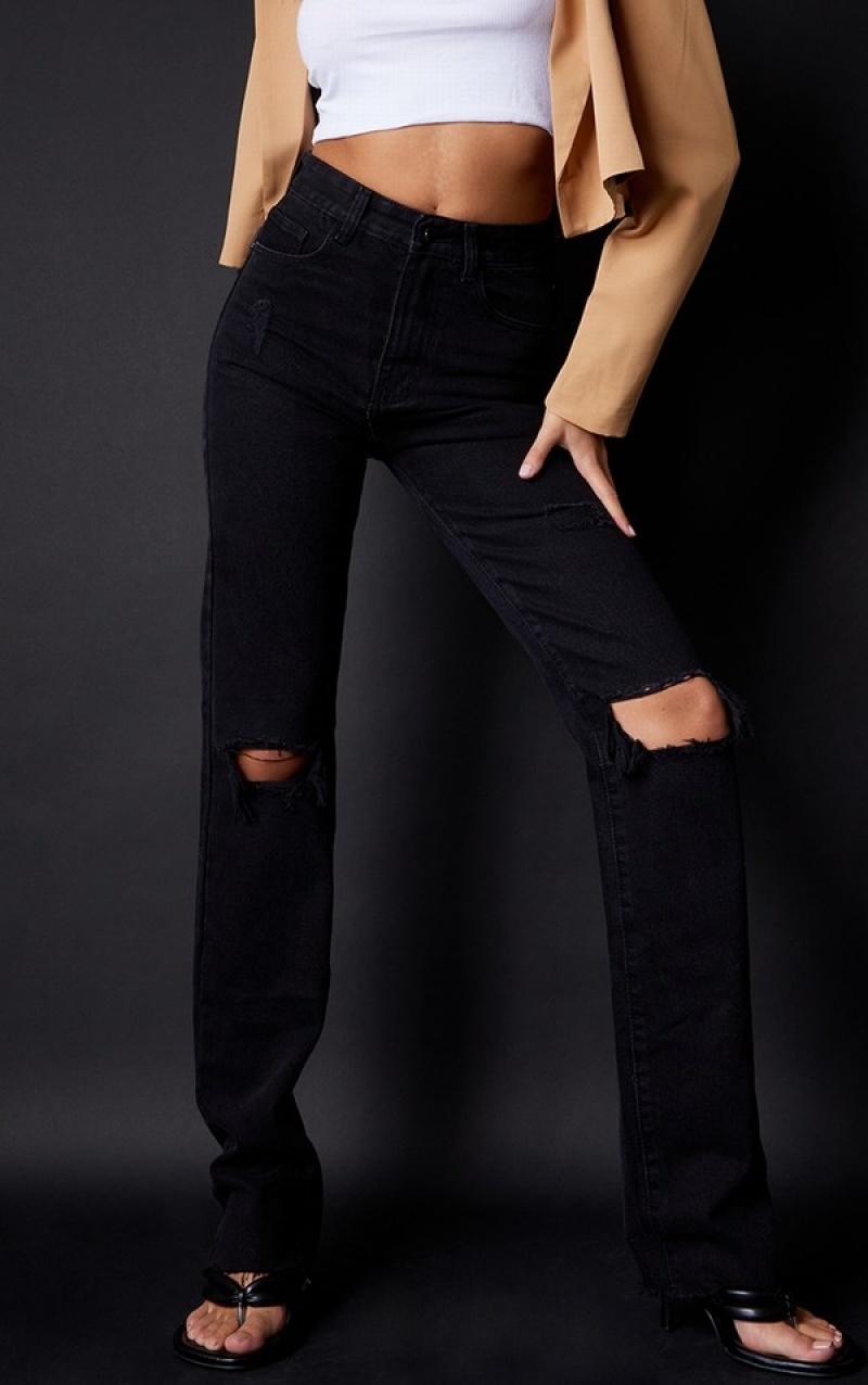 Black Pretty Little Thing Tall Ripped Long Leg Straight Jeans | YFCUBMV-65