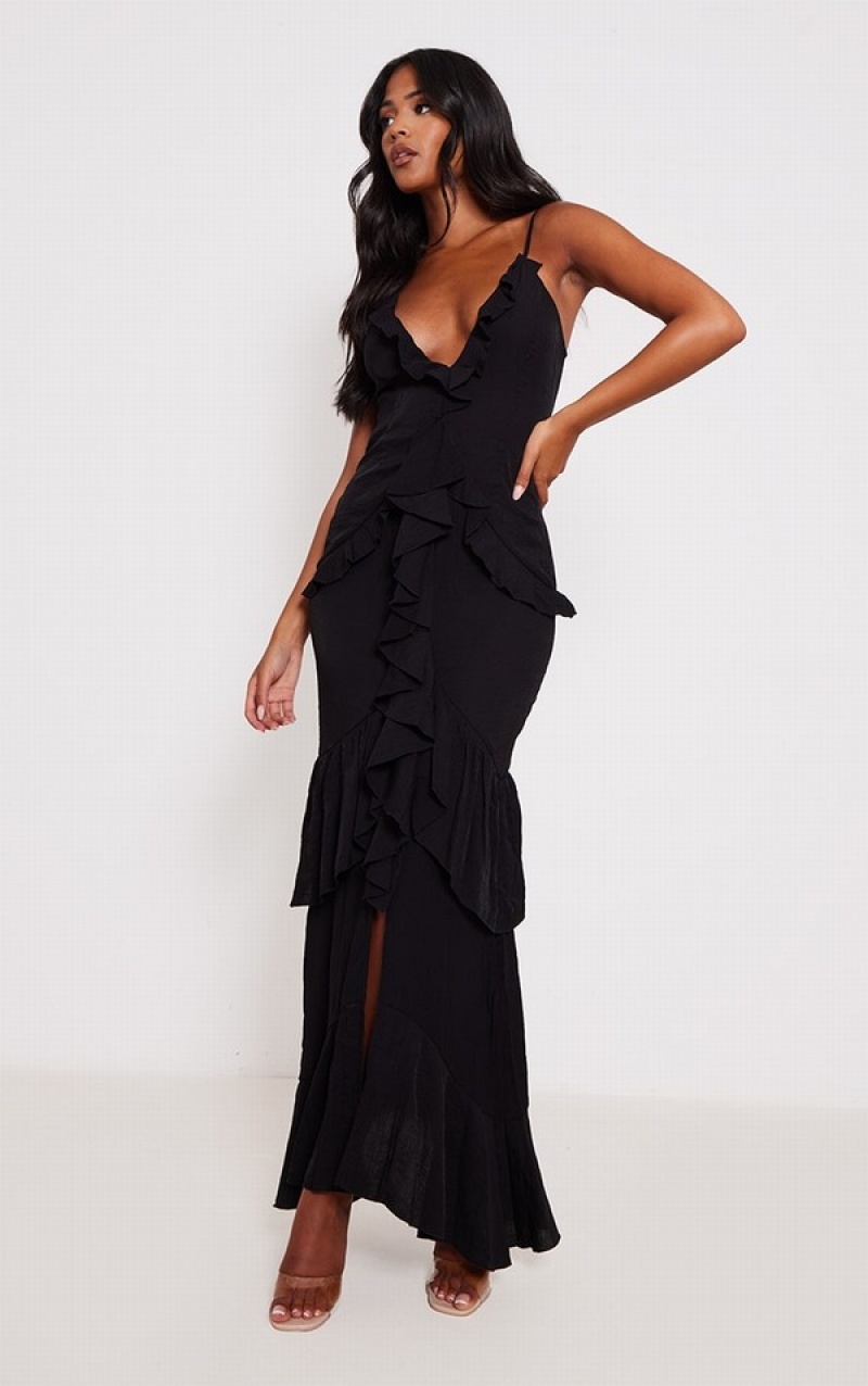 Black Pretty Little Thing Tall TextuFrill Maxi Dresses | COFBWQM-19