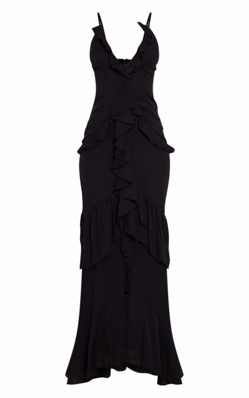 Black Pretty Little Thing Tall TextuFrill Maxi Dresses | COFBWQM-19