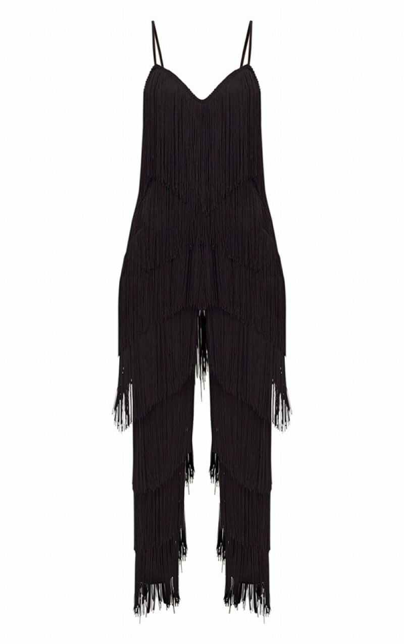 Black Pretty Little Thing Tassel Plunge Jumpsuits | JPVZXAK-64