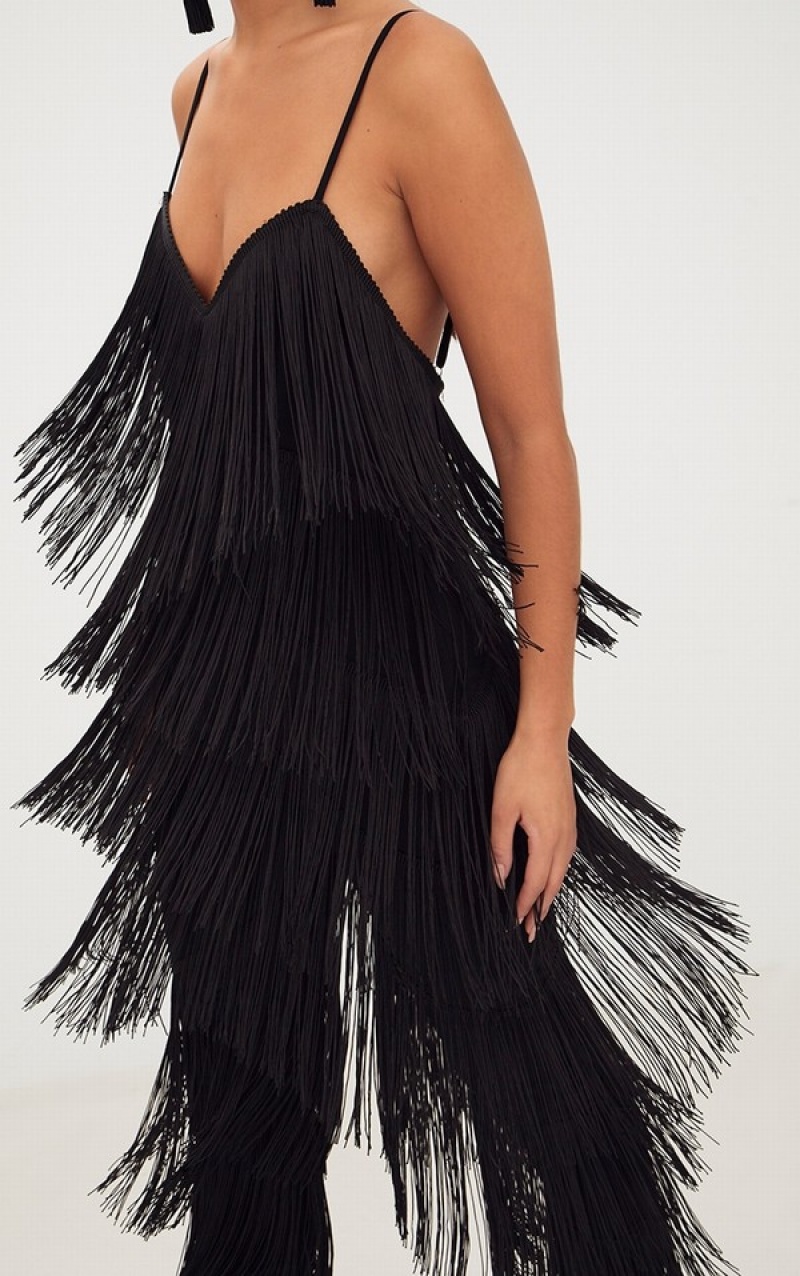 Black Pretty Little Thing Tassel Plunge Jumpsuits | JPVZXAK-64