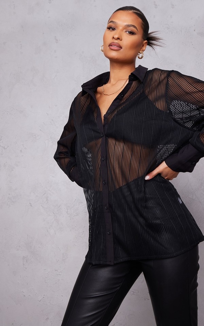 Black Pretty Little Thing TextuChiffonlette Detail Oversized Shirts | HXGLBSF-62