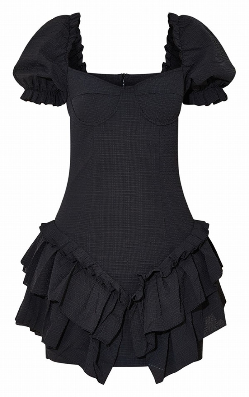 Black Pretty Little Thing TextuPuff Sleeve Frill Bodycon Skirts | ETOMQLW-02