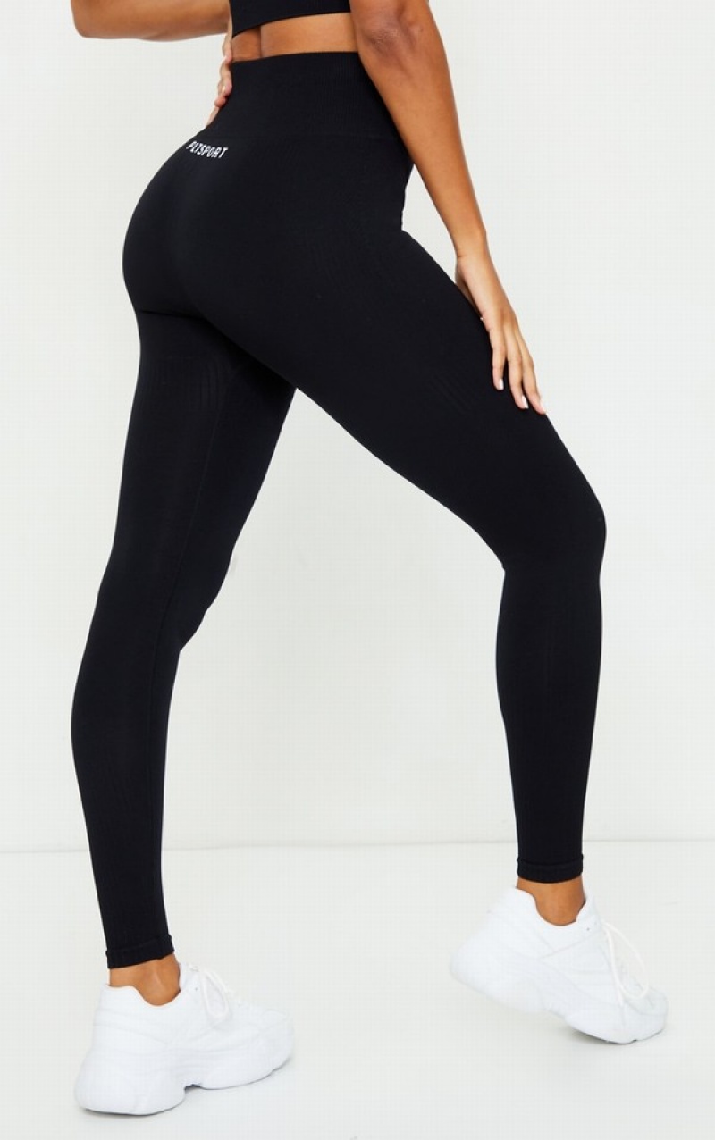 Black Pretty Little Thing TextuRib Seamless High Waist Gym Leggings | QEMRYID-92