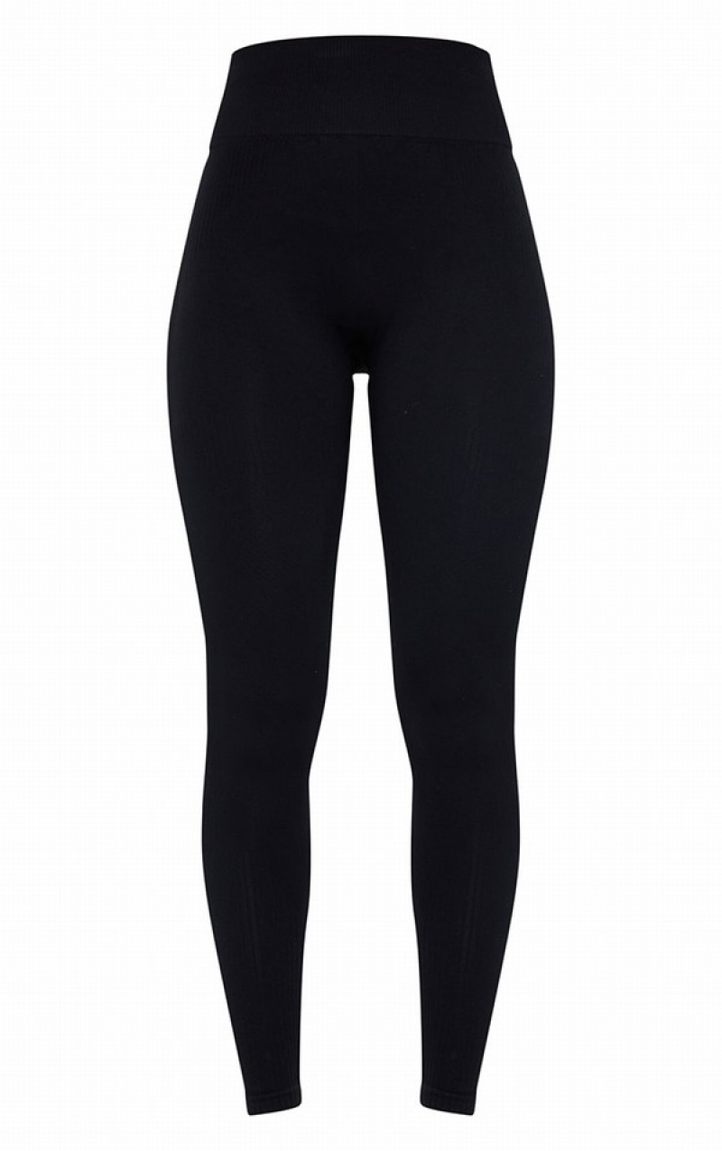 Black Pretty Little Thing TextuRib Seamless High Waist Gym Leggings | QEMRYID-92