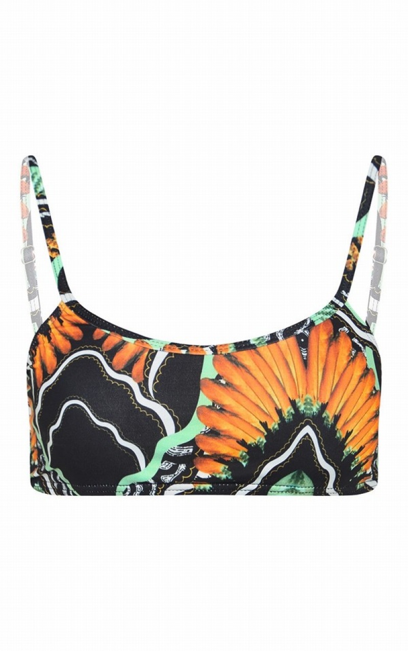 Black Pretty Little Thing Tribal Print Scoop Neck Bikini Tops | XNKOTGF-05