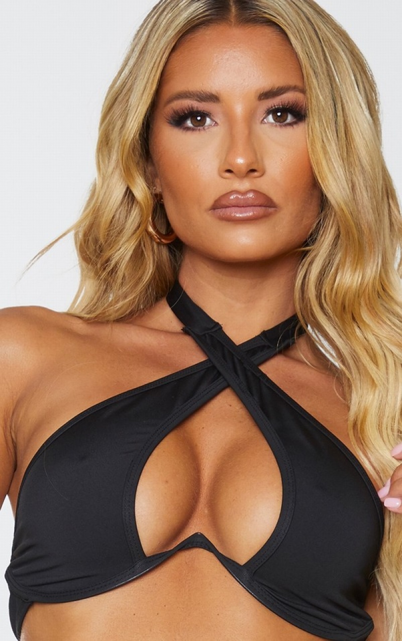 Black Pretty Little Thing Underwire Cross Front Bikini Tops | ODLBXAT-10